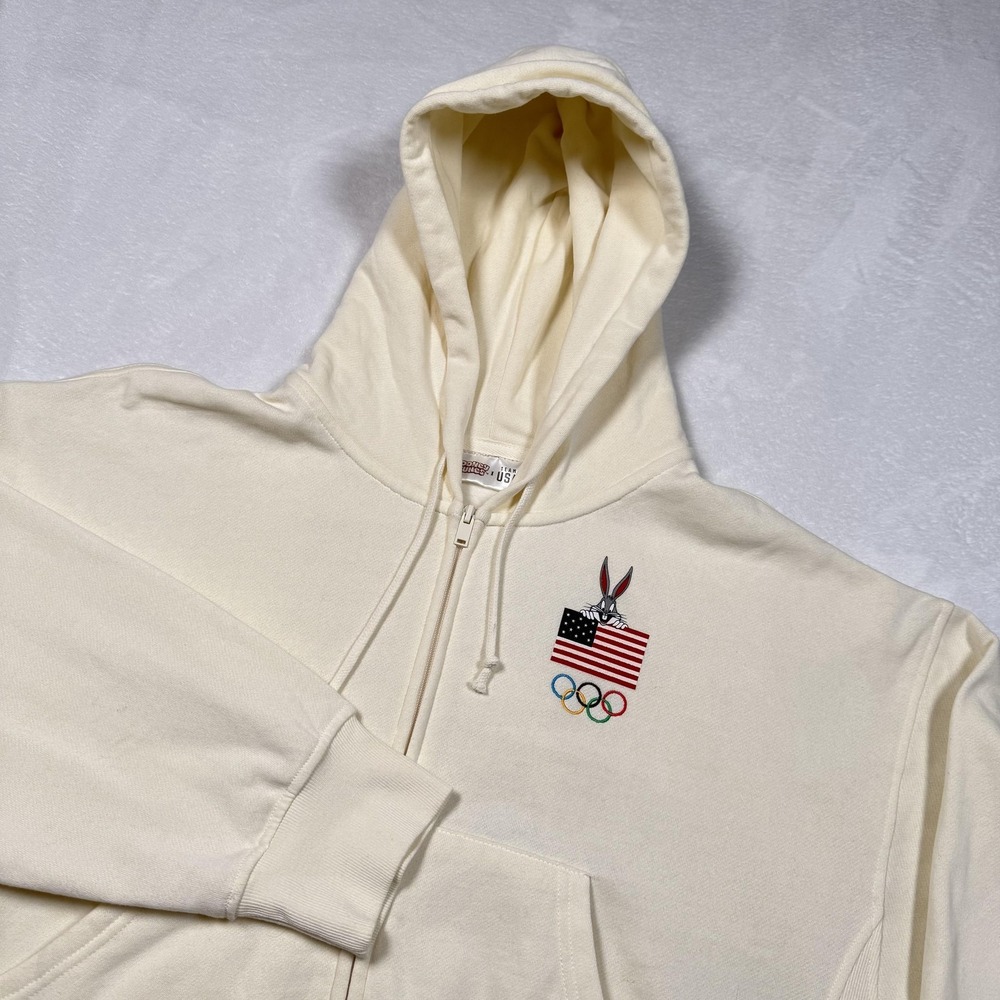 Team USA Sweatshirt Hoodie Womens 2XL White Olympics‎ Bugs Bunny Zip Cropped